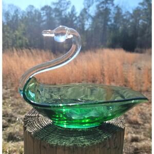 Green Art Glass Swan Bowl Dish 7 3/8” Duncan Miller Style Clear Neck Hand Blown